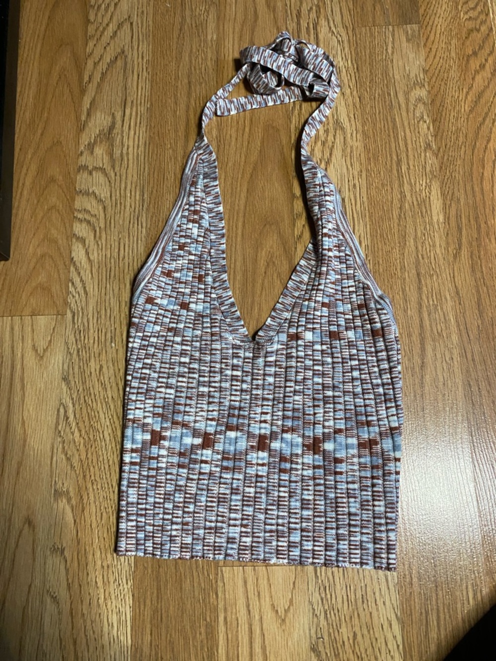 Cotton Candy Ribbed Halter Crop Top in Brown and White